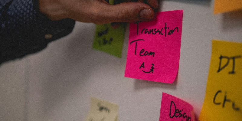 Team collaborating with sticky notes on a whiteboard