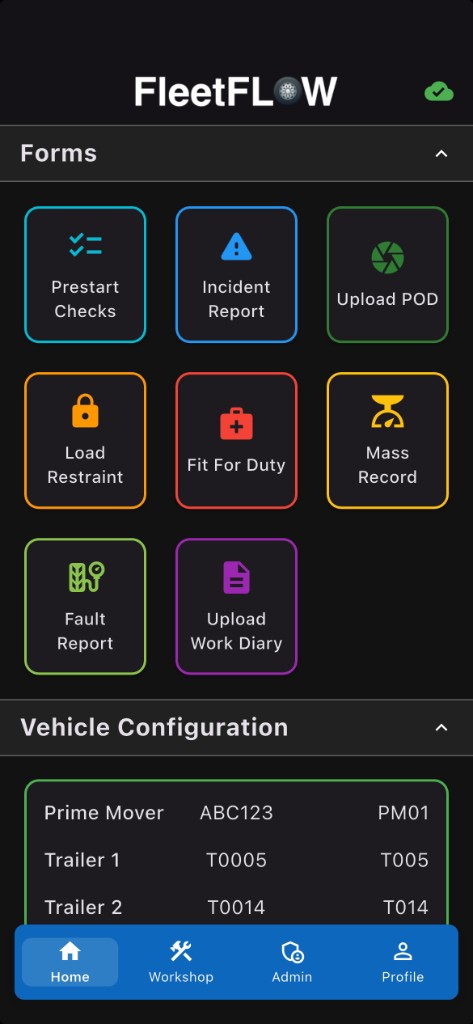FleetFlow Driver app home screen