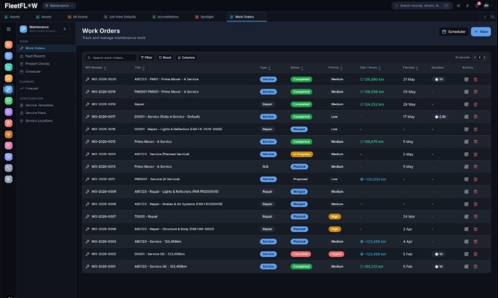 FleetFlow web portal showing work orders